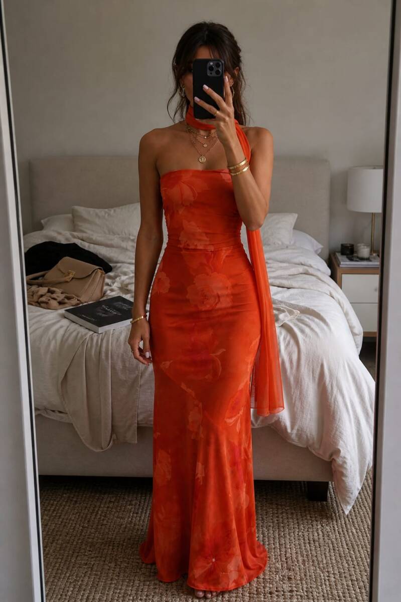 Sunset Orange Strapless Maxi Dress