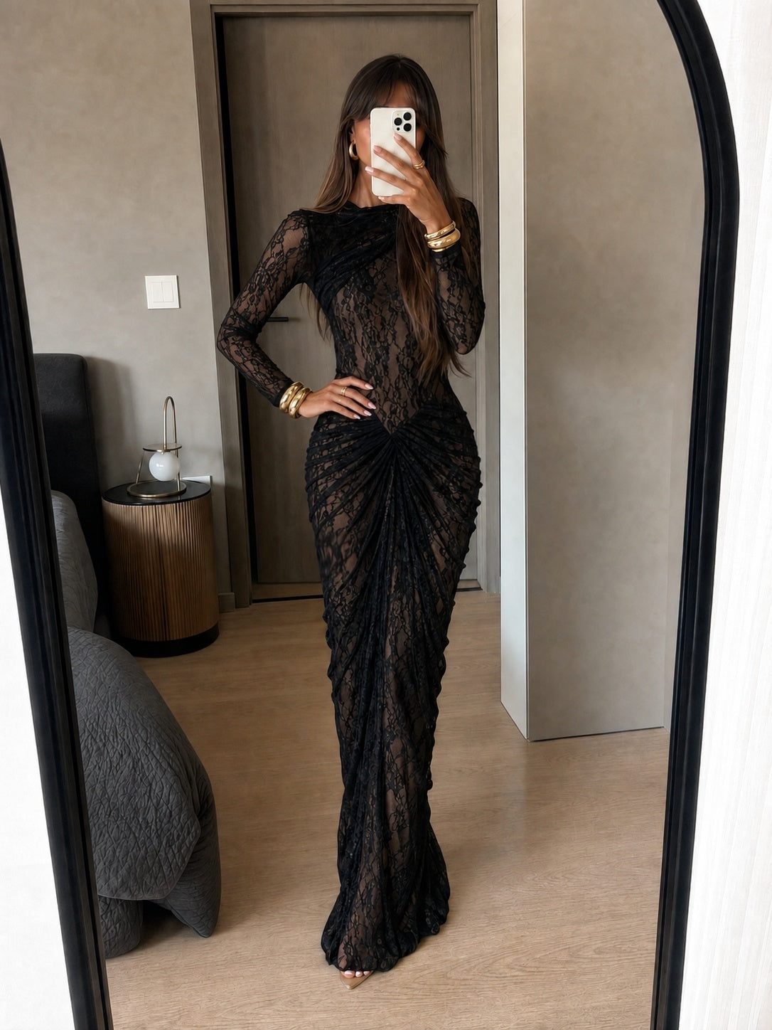 Valentina Lace Draped Maxi Dress – Black