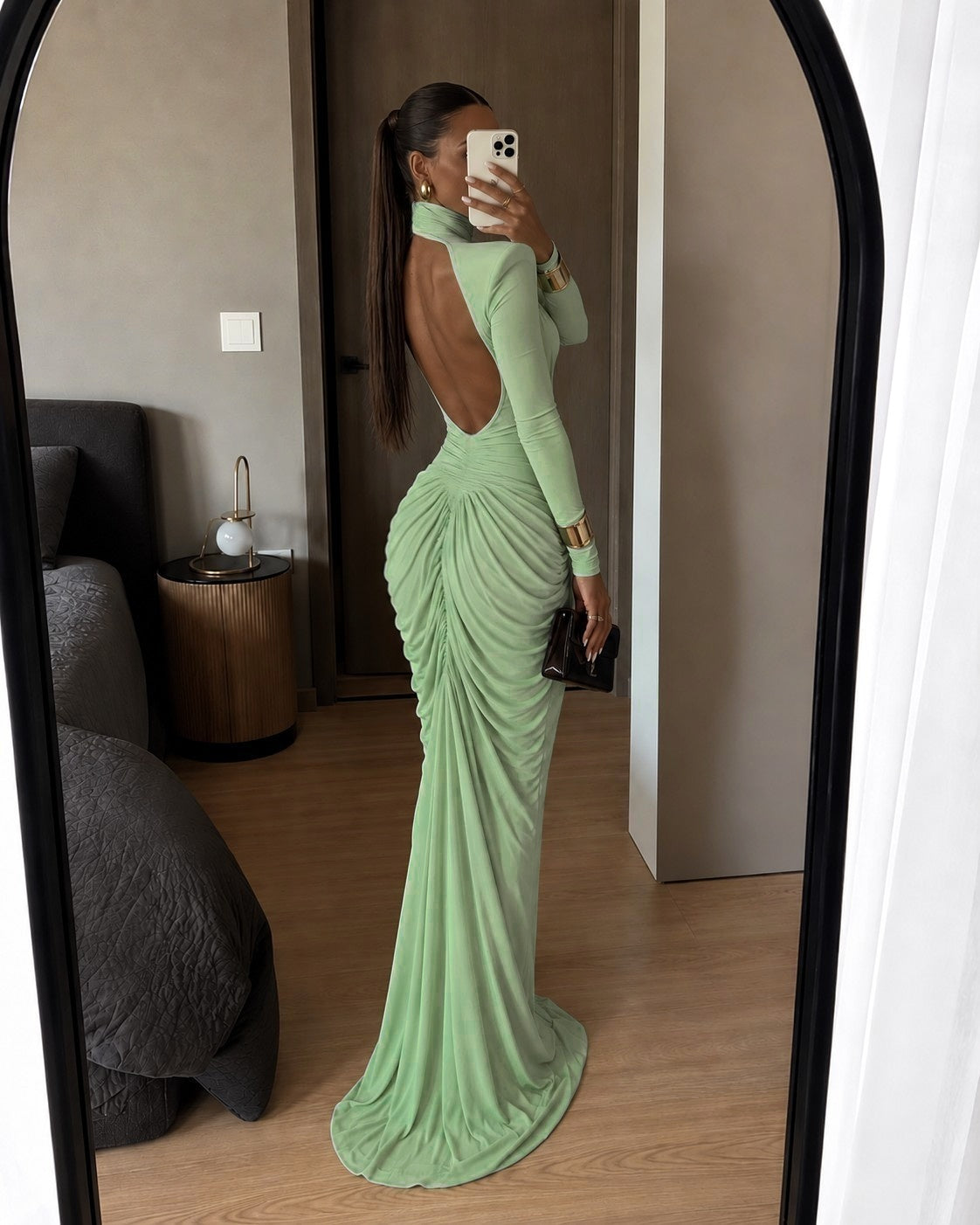 Isabella Ruched Open-Back Maxi Dress