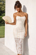 Witte Strapless Lace Corset Midi Dress