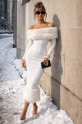 Witte off-shoulder midi jurk met luxe faux fur details