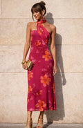 Fuchsia bloemen midi jurk – halter jurk dames met bloemenprint elegant