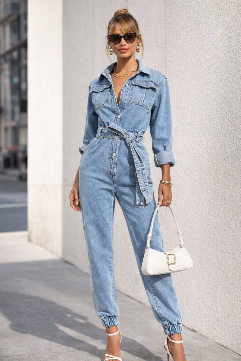 Getailleerde denim jumpsuit met ceintuur en knoopsluiting