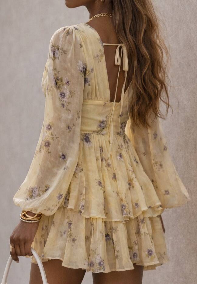Lichtgele floral boho ruffle jurk ruches lantaarnmouwen