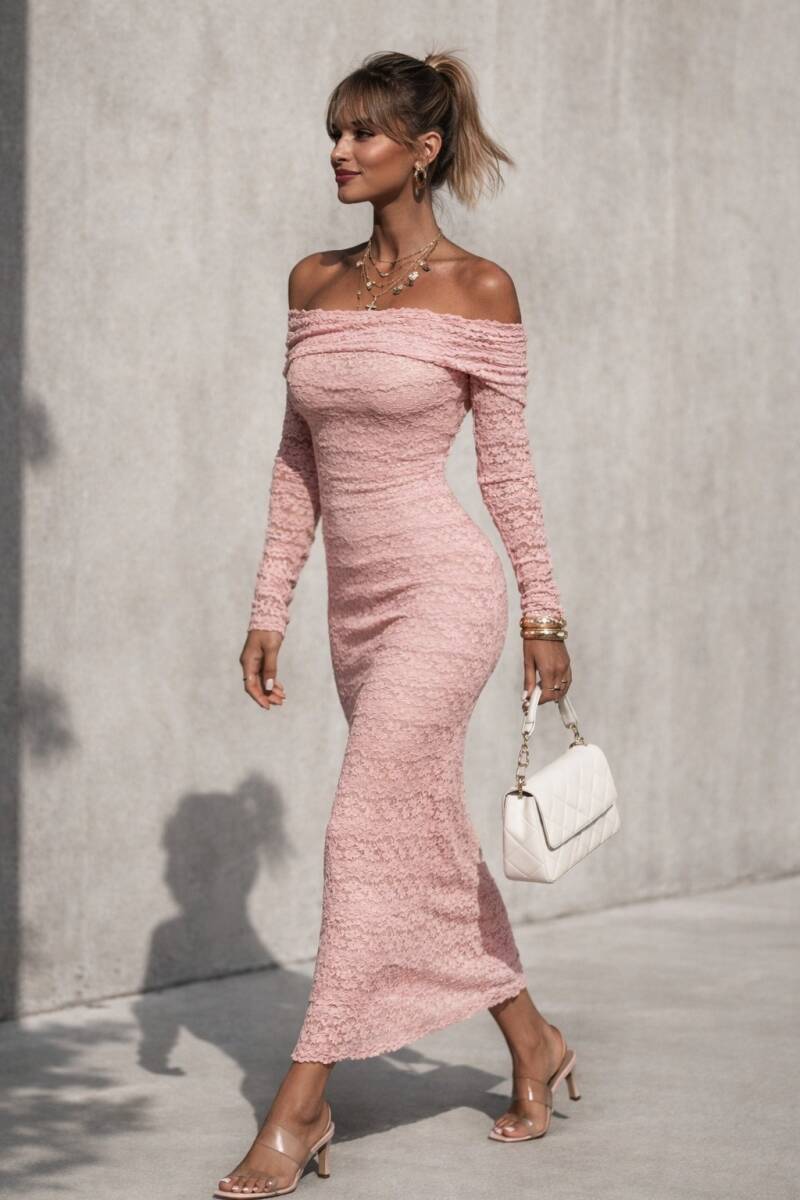 Elegante Lace Maxi Jurk Off-Shoulder – Lichtroze
