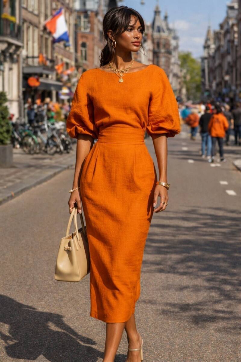 Getailleerde Midi Jurk met Poffende Raglanmouwen – Oranje