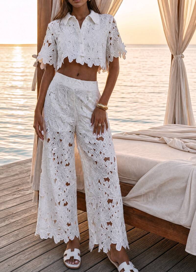 2-Delige Lace Set met Cropped Blouse & Wijde Broek – Off White