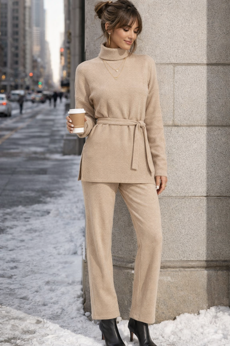 Comfy rib twin set met col en ceintuur