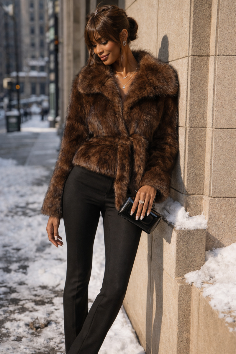 Luxe faux fur jas met ceintuur