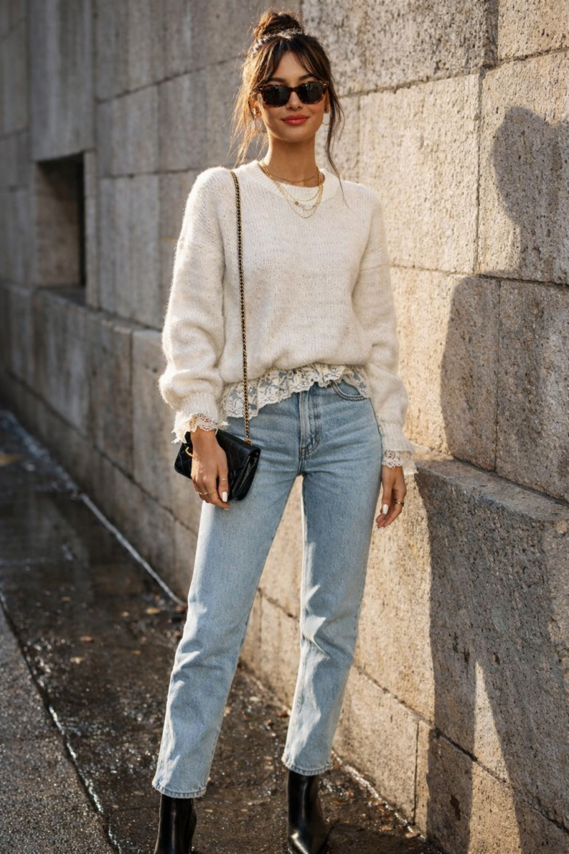 Zachte knit trui met kanten details – Wit