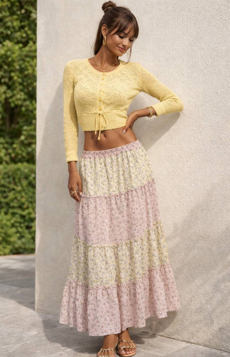 Pastel bloemen maxi rok met ruches – romantische zomer rok dames