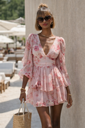 Roze floral boho ruffle jurk ruches lantaarnmouwen