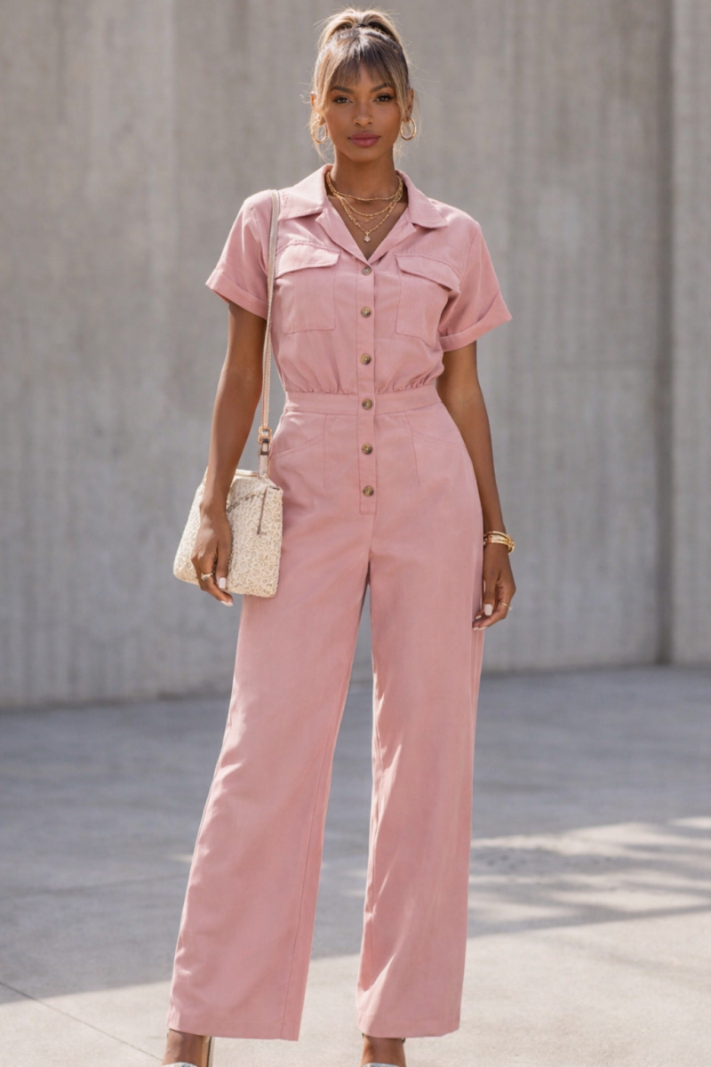 Chic Getailleerde Jumpsuit met Knopen – Oudroze