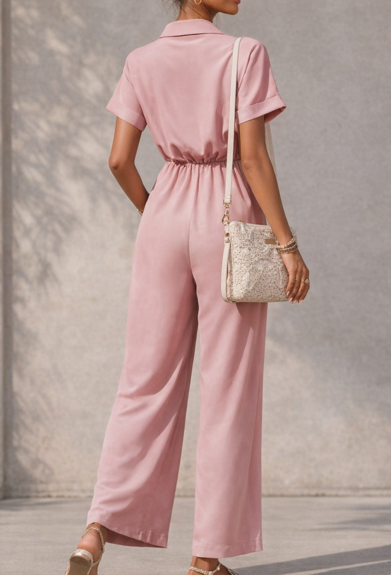 Chic Getailleerde Jumpsuit met Knopen – Oudroze