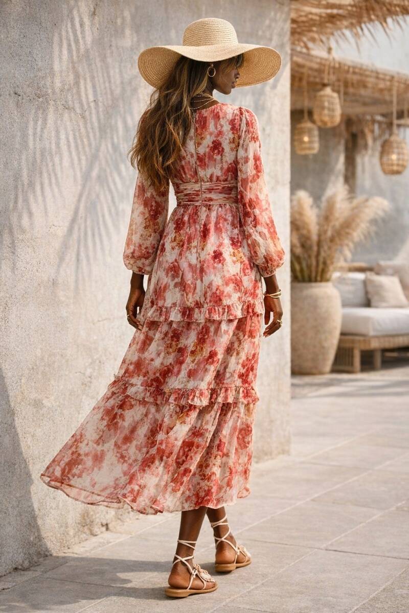 Bohemian Maxi Jurk met Lantaarnmouwen & Getailleerde Taille – Koraal Bloemenprint