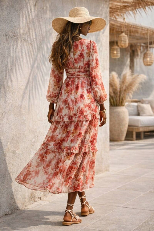 Bohemian Maxi Jurk met Lantaarnmouwen & Getailleerde Taille – Koraal Bloemenprint