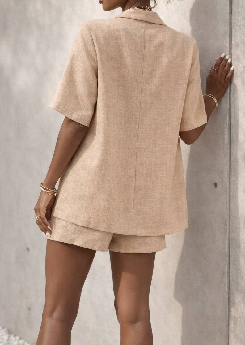 Luxe 3-Delige Zomerset met Blazer, Top & Short – Zandkleur