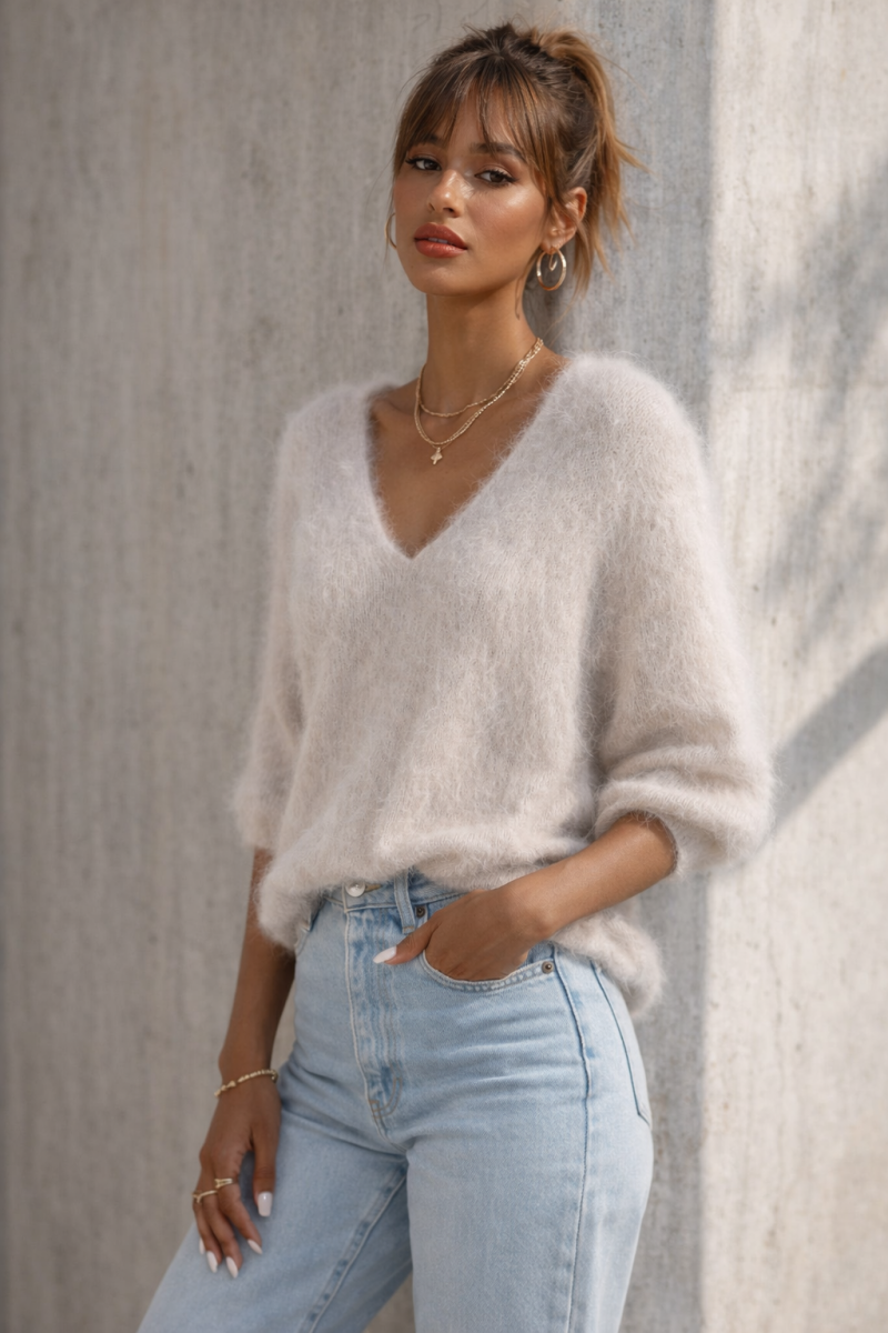 Zachte V-Hals Trui – Fluffy Knit in Beige