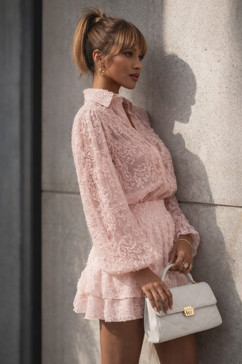 2-Delige Lace Set met Blouse & Rok-Short – Zachtroze