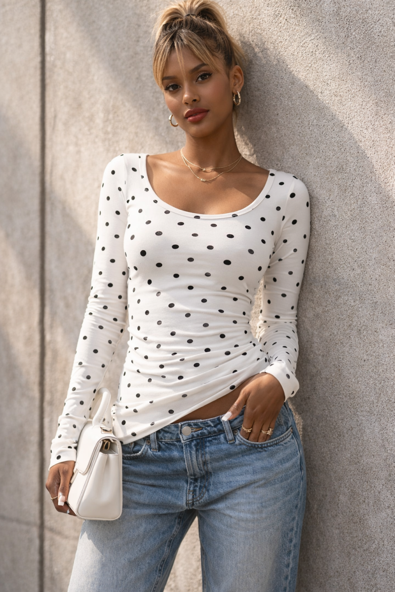 Longsleeve Top met Polkadots – Wit/Zwart