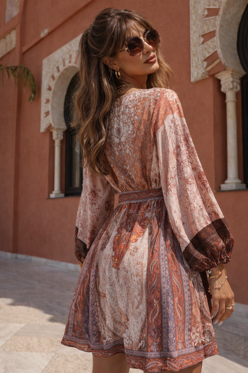 Boho Midi Jurk met Print & Strikceintuur – Beige/Roest