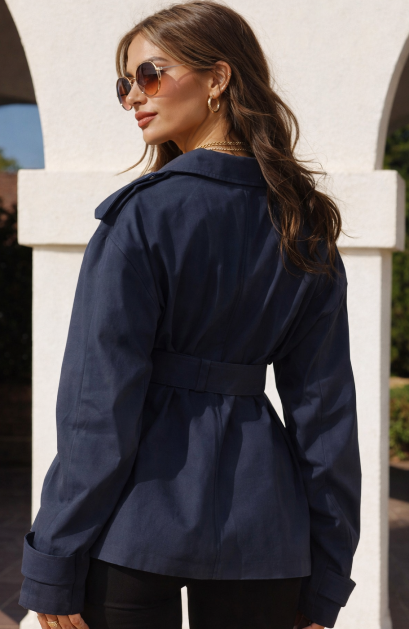 Korte Trench Jas met Tailleceintuur – Donkerblauw