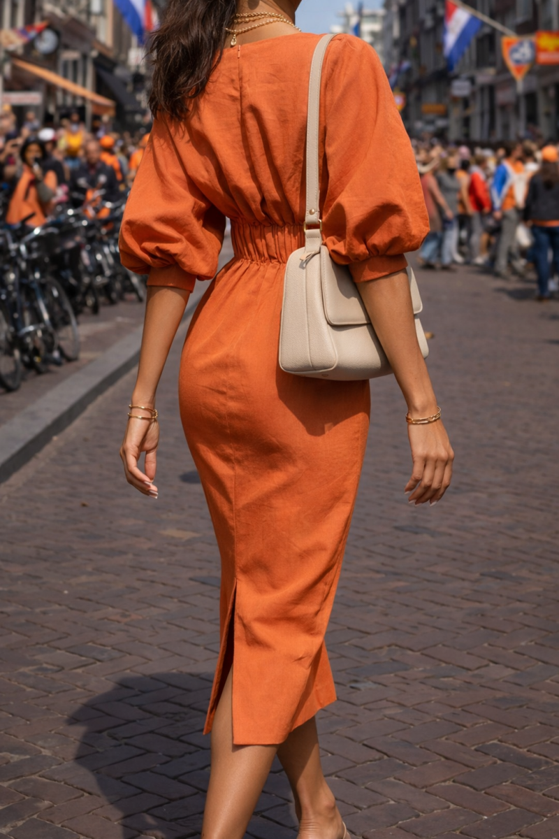 Getailleerde Midi Jurk met Poffende Raglanmouwen – Oranje