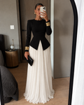 Élan Contrast Pleated Two-Piece Set – Black & Ivory