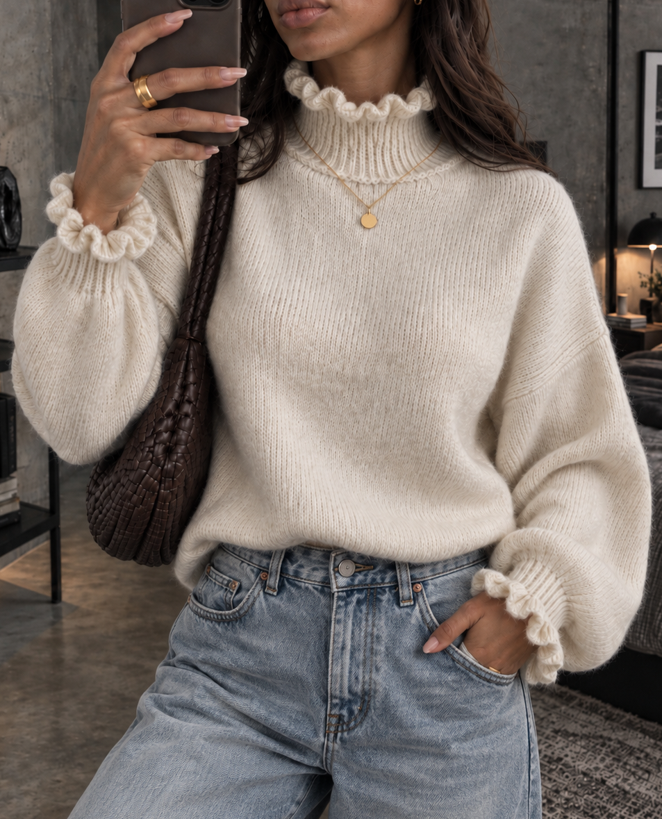 Elise Ruffle Knit Sweater – Crème