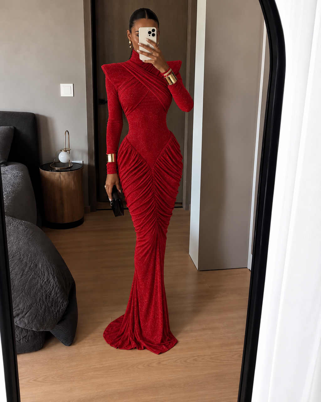 Isabella's Red Ruched Open-Back Maxi Dress