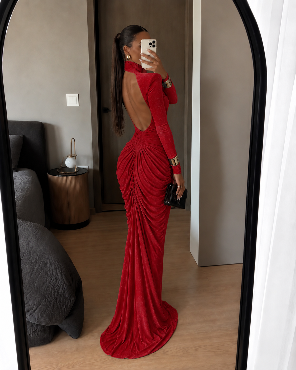 Isabella's Red Ruched Open-Back Maxi Dress
