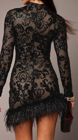 Noir Plume Embellished Mini Dress