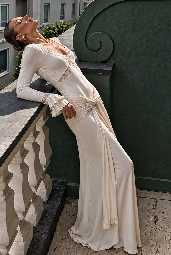 Seraphine Draped Lace Maxi Dress – Ivory