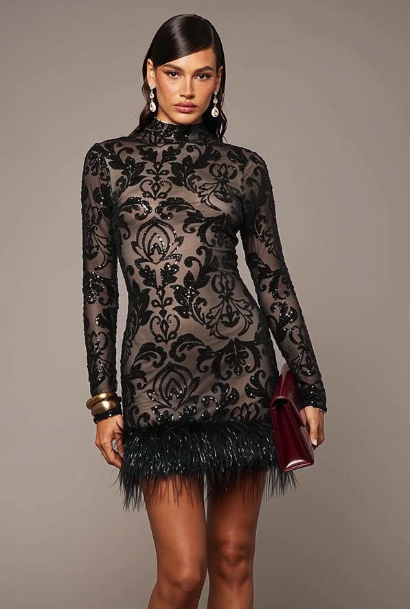 Noir Plume Embellished Mini Dress