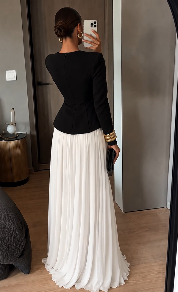 Élan Contrast Pleated Two-Piece Set – Black & Ivory