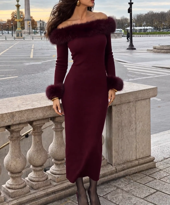 Burgundy Faux Fur Midi Dress – Autumn Elegance