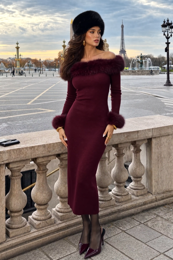 Burgundy Faux Fur Midi Dress – Autumn Elegance