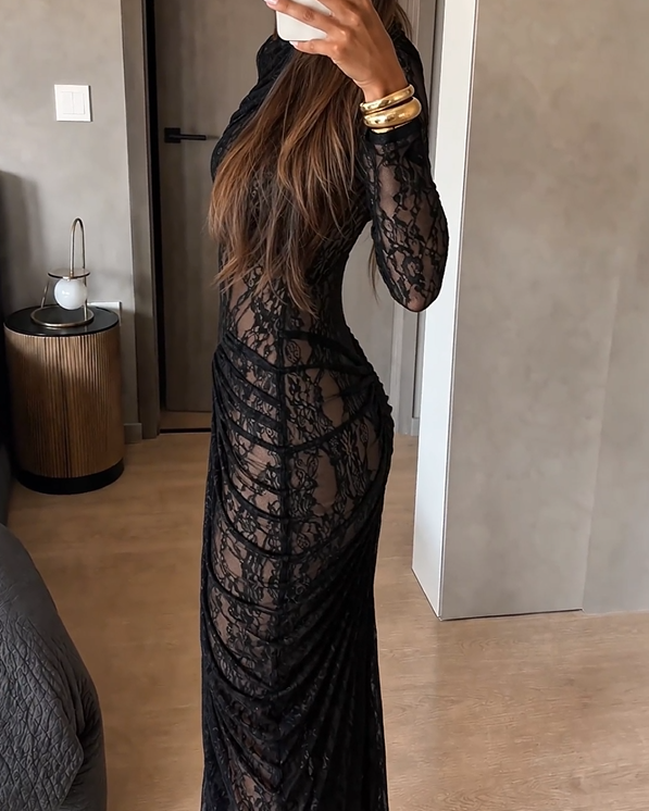 Valentina Lace Draped Maxi Dress – Black