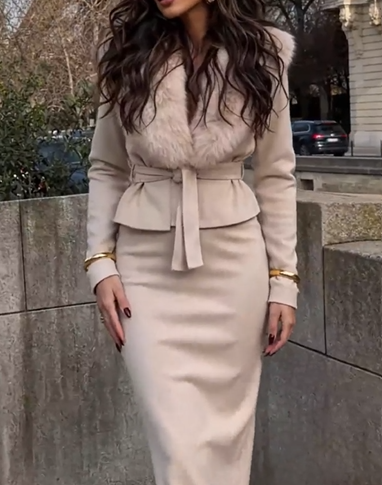 Amélie Fur Collar Skirt Set – Beige