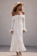 Bohemian Lace Maxi Jurk Off-Shoulder – Crème/Wit
