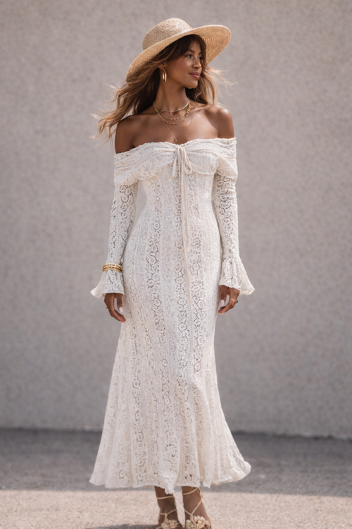 Bohemian Lace Maxi Jurk Off-Shoulder – Crème/Wit