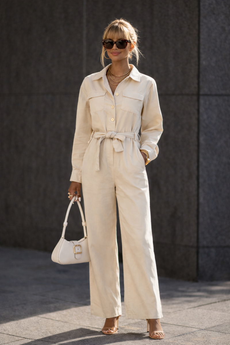 Beige elegante jumpsuit dames met ceintuur