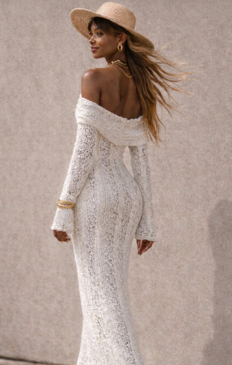 Bohemian Lace Maxi Jurk Off-Shoulder – Crème/Wit