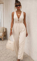 Beige getailleerde jumpsuit dames met kanten taille detail
