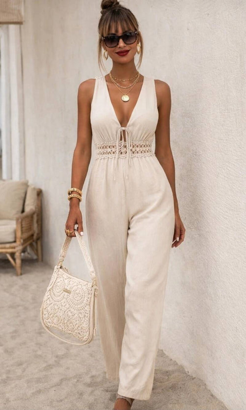 Beige getailleerde jumpsuit dames met kanten taille detail